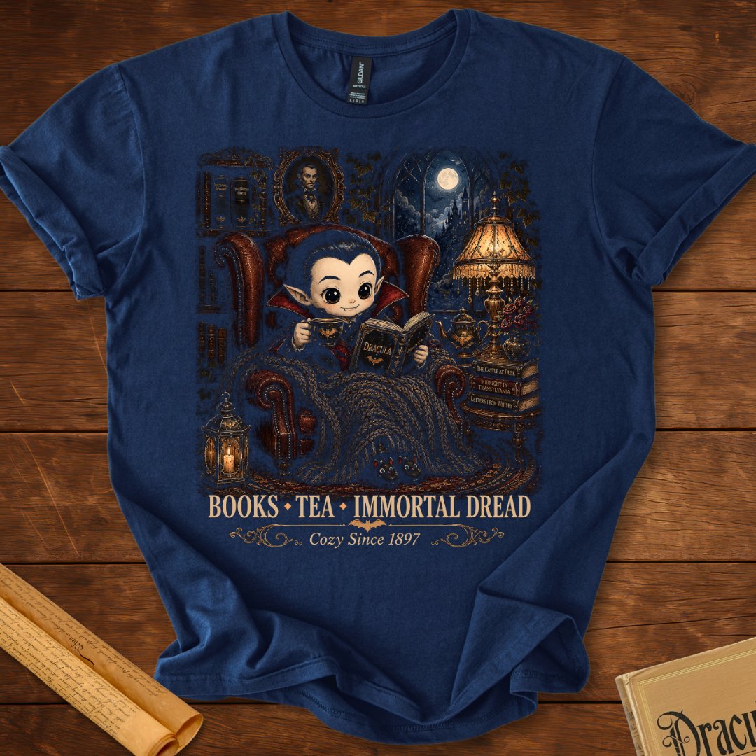 Books, Tea & Immortal Dread – Cozy Dracula T-Shirt Navy