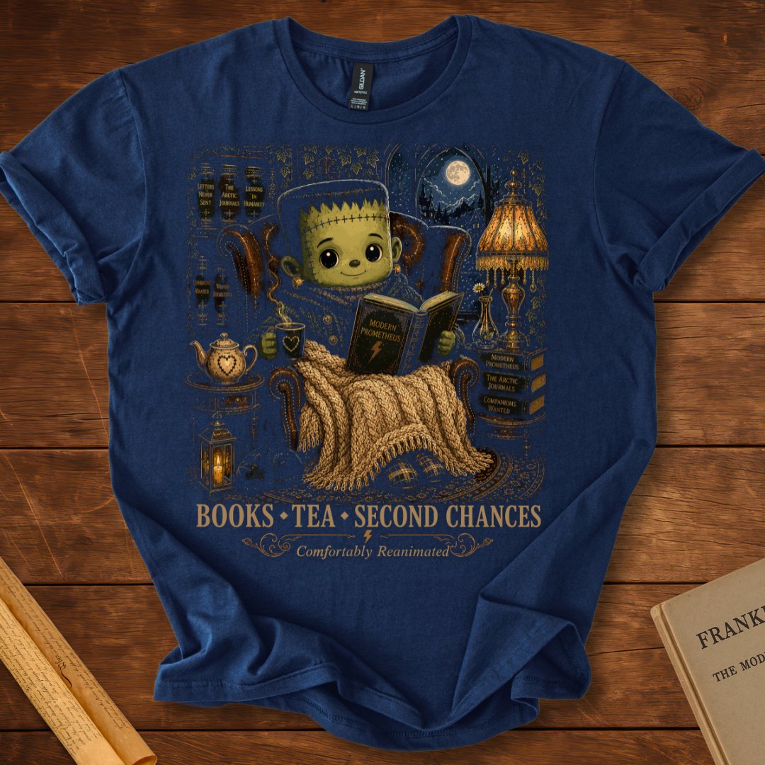Books • Tea • 2nd Chances – Comfortably Reanimated Frankenstein T-Shirt Navy