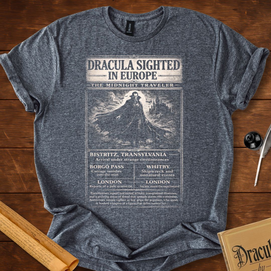Dracula Sighted in Europe – Vintage Gothic Newspaper T-Shirt