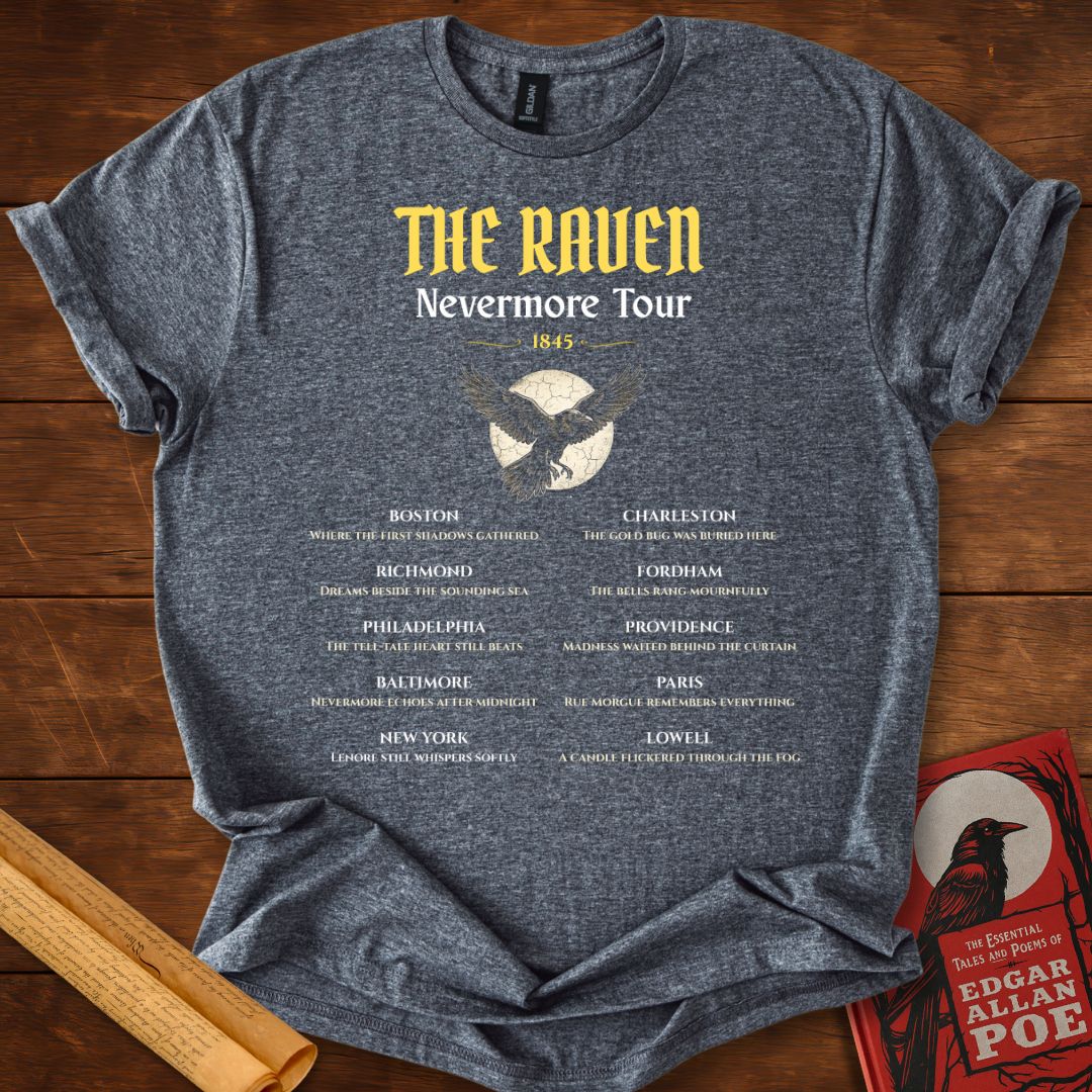 The Raven Nevermore Tour 1845 – Edgar Allan Poe Literary T-Shirt Dark Heather Grey