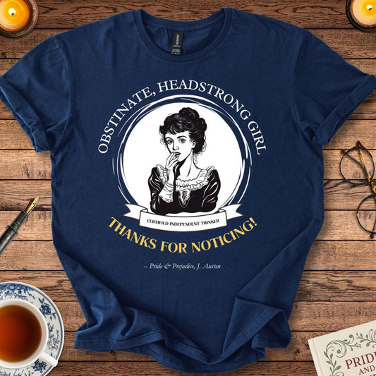 Obstinate Headstrong Girl Fun Pride and Prejudice T-Shirt Navy