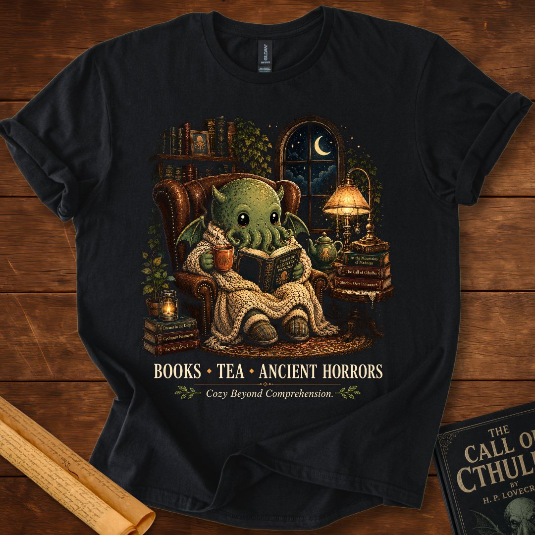 Cozy Beyond Comprehension – Cthulhu Reading T-Shirt