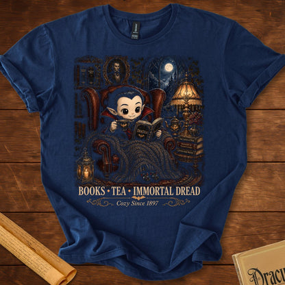 Books, Tea & Immortal Dread – Cozy Dracula T-Shirt Navy