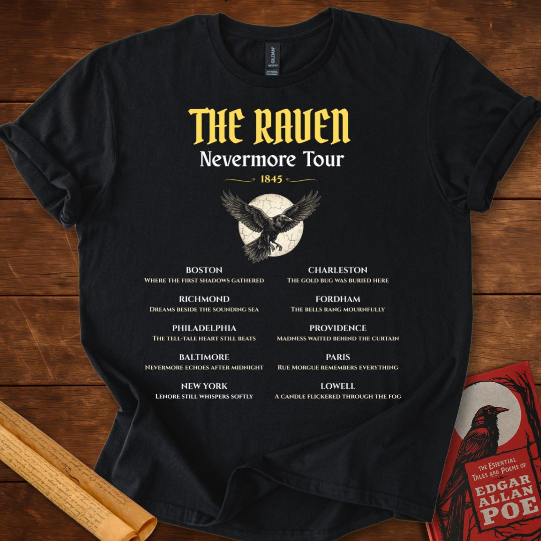 The Raven Nevermore Tour 1845 – Edgar Allan Poe Literary T-Shirt Black