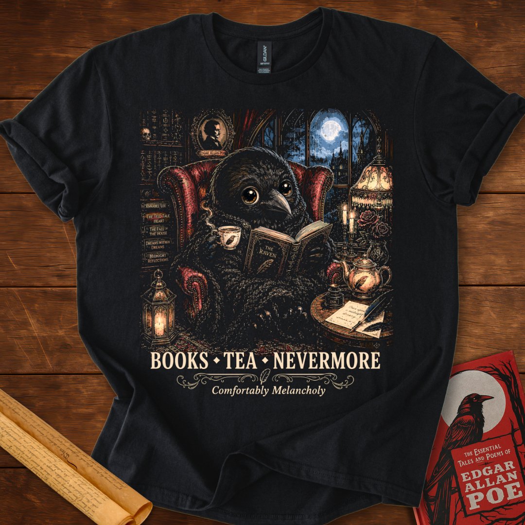 Books • Tea • Nevermore – Cozy Raven Edgar Allan Poe T-Shirt Black