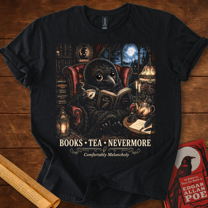 Books • Tea • Nevermore – Cozy Raven Edgar Allan Poe T-Shirt Black