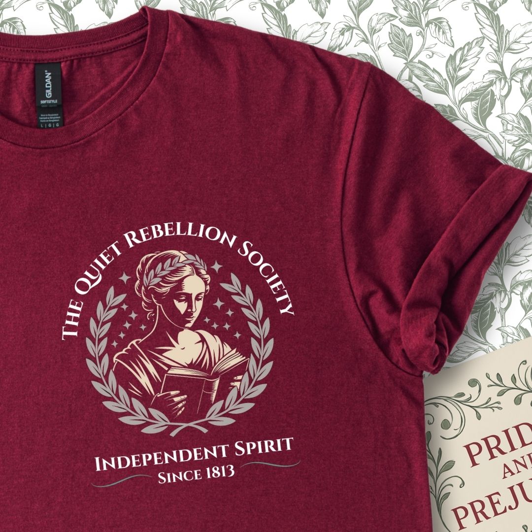 The Quiet Rebellion Society Insignia Jane Austen T-shirt Maroon