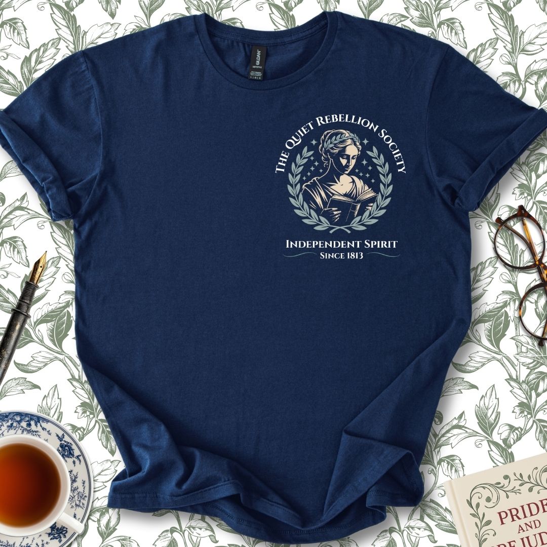 The Quiet Rebellion Society Insignia Jane Austen T-shirt Navy
