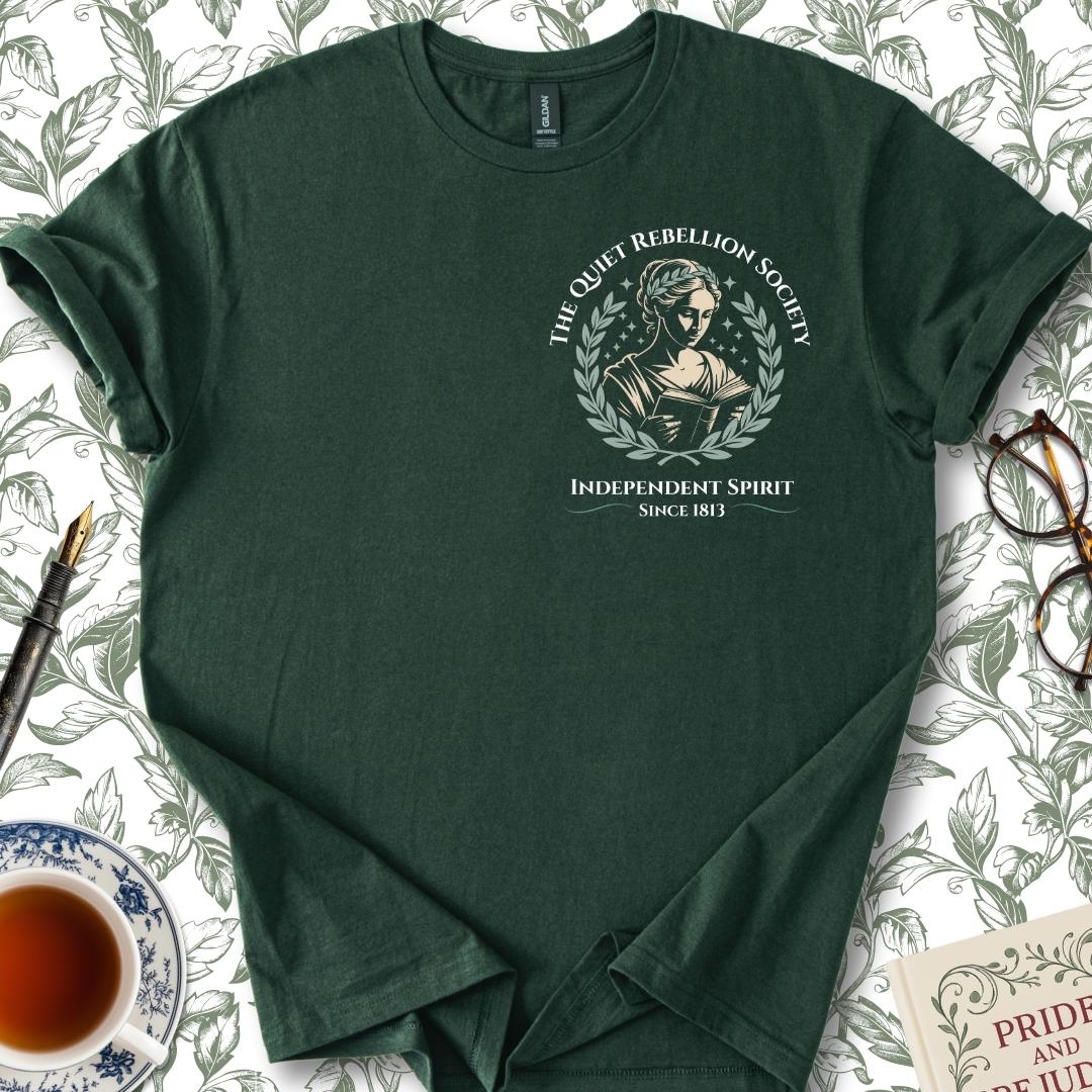 The Quiet Rebellion Society Insignia Jane Austen T-shirt Forest Green