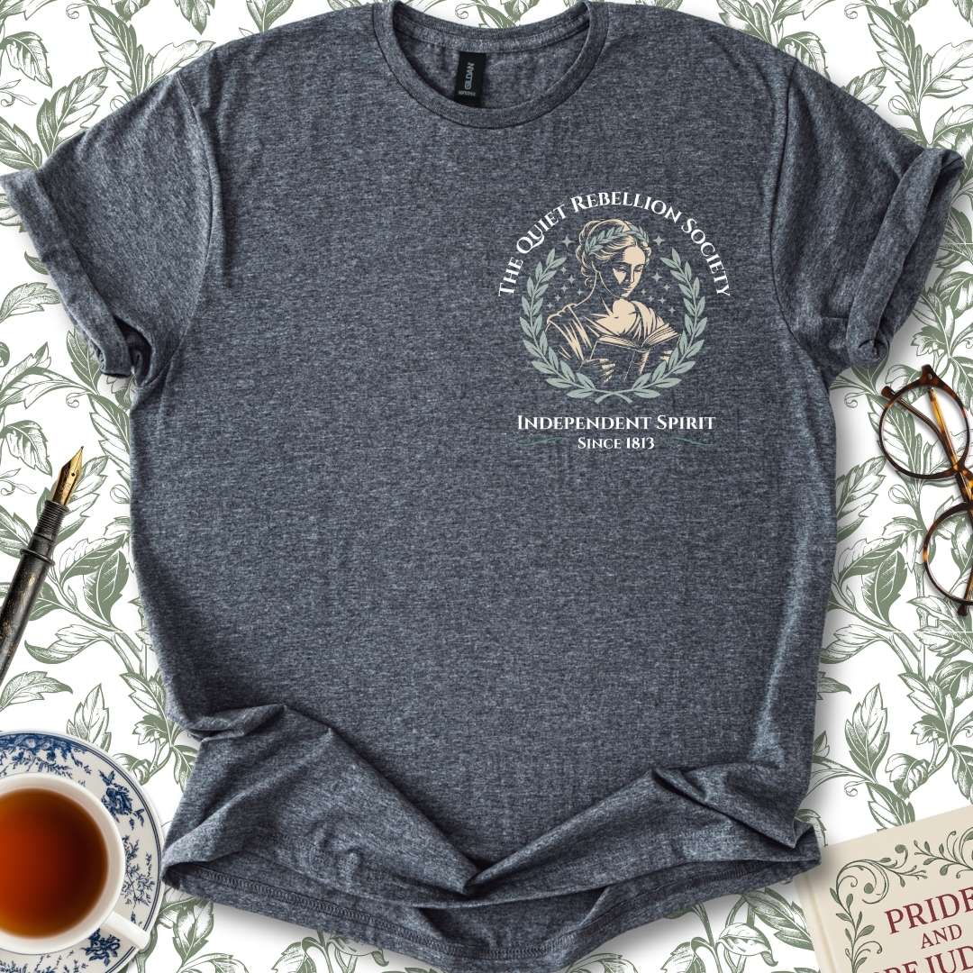 The Quiet Rebellion Society Insignia Jane Austen T-shirt Dark Heather Grey