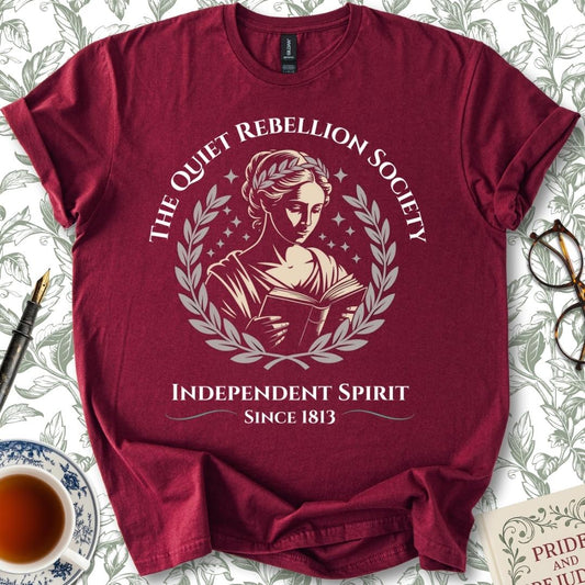 The Quiet Rebellion Society Full Insignia Jane Austen T-shirt Maroon