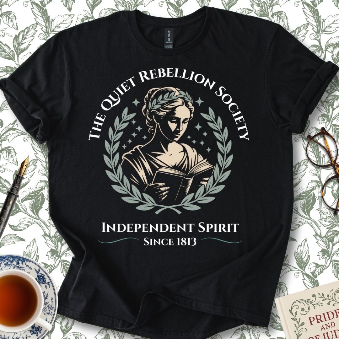 The Quiet Rebellion Society Full Insignia Jane Austen T-shirt Black