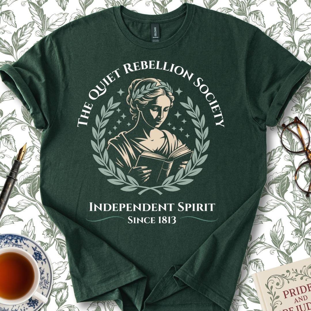 The Quiet Rebellion Society Full Insignia Jane Austen T-shirt Forest Green