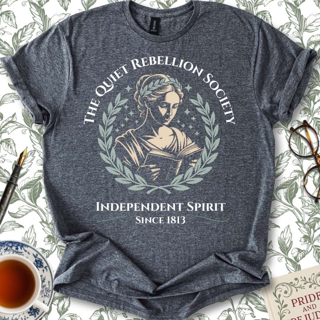 The Quiet Rebellion Society Full Insignia Jane Austen T-shirt Dark Heather Grey
