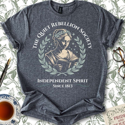 The Quiet Rebellion Society Full Insignia Jane Austen T-shirt Dark Heather Grey