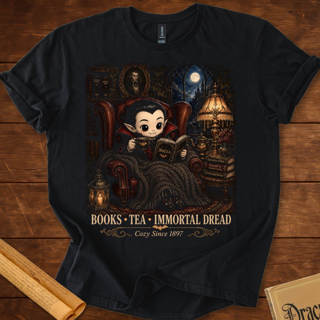 Books, Tea & Immortal Dread – Cozy Dracula T-Shirt Black
