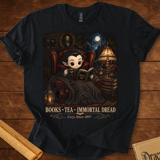 Books, Tea & Immortal Dread – Cozy Dracula T-Shirt Black