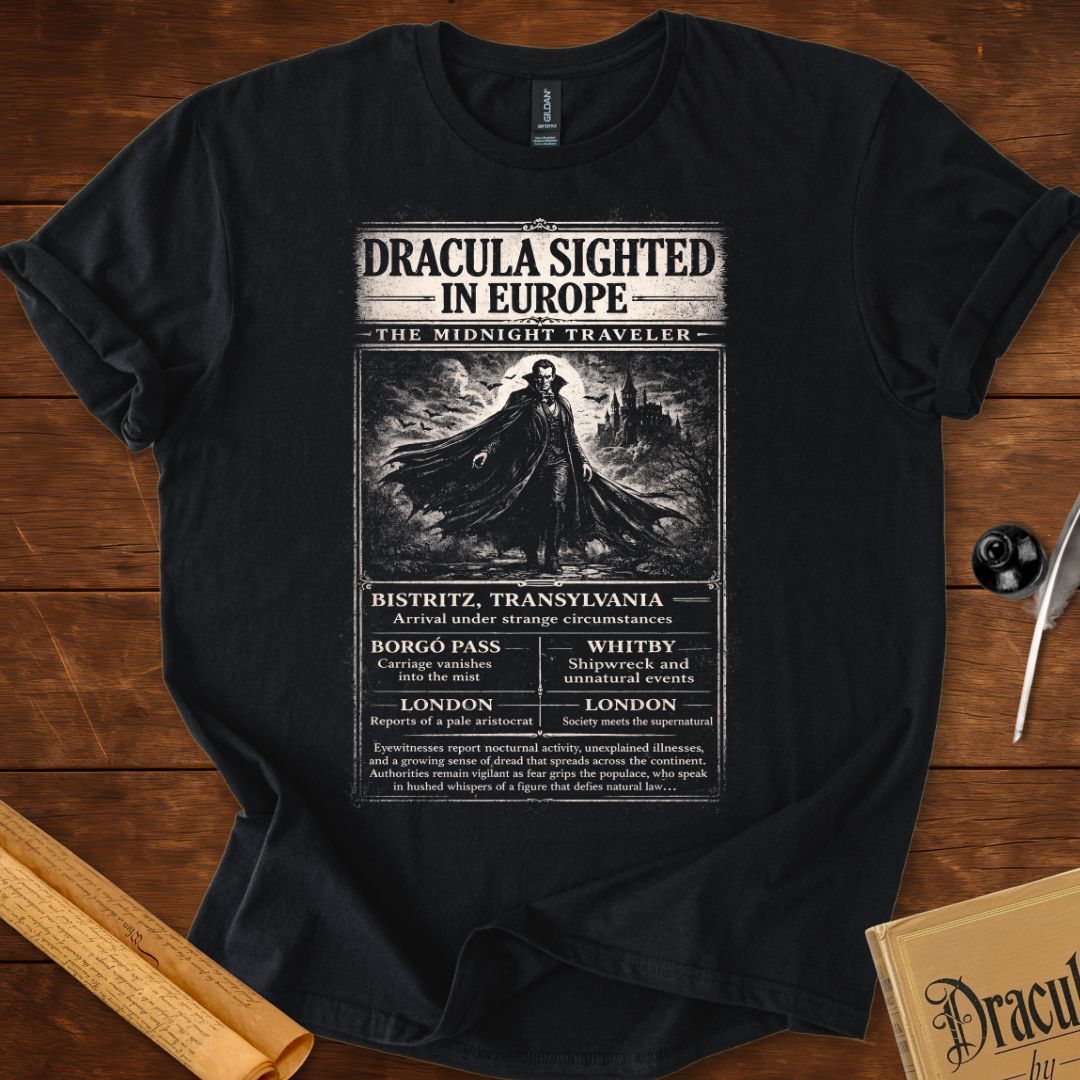 Dracula Sighted in Europe – Vintage Gothic Newspaper T-Shirt
