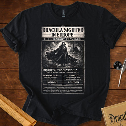 Dracula Sighted in Europe – Vintage Gothic Newspaper T-Shirt