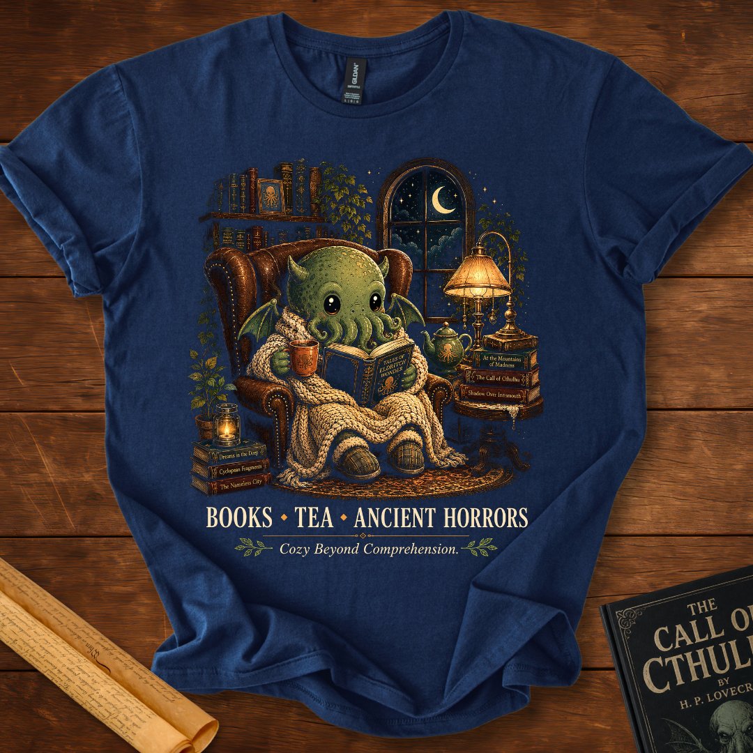 Cozy Beyond Comprehension – Cthulhu Reading T-Shirt