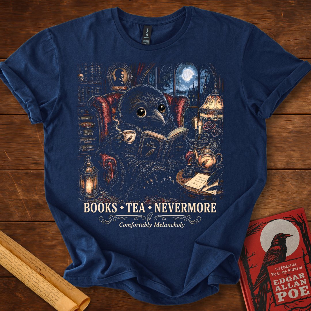Books • Tea • Nevermore – Cozy Raven Edgar Allan Poe T-Shirt Navy