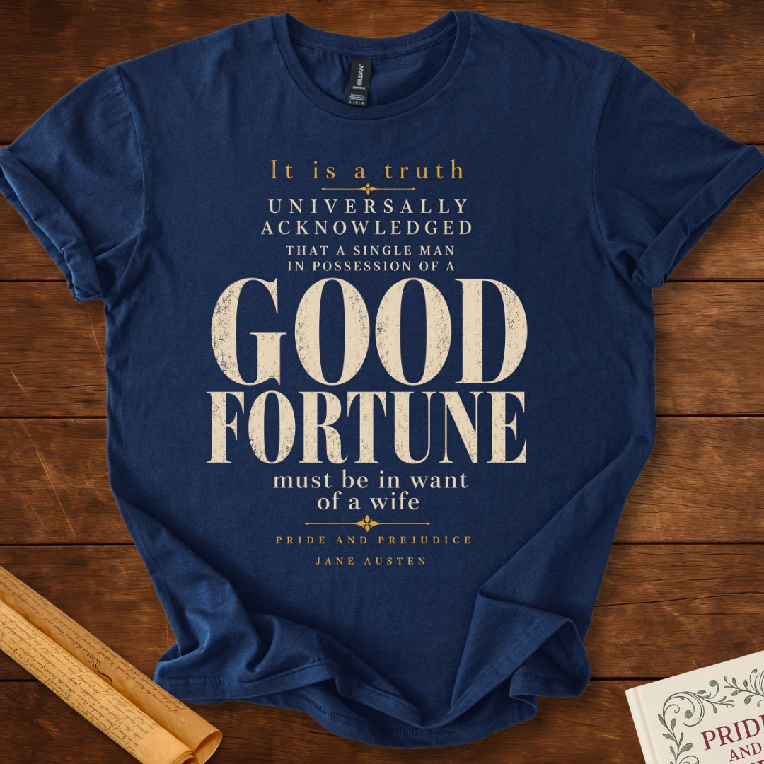 Pride and Prejudice "Good Fortune" Literary T-Shirt Navy