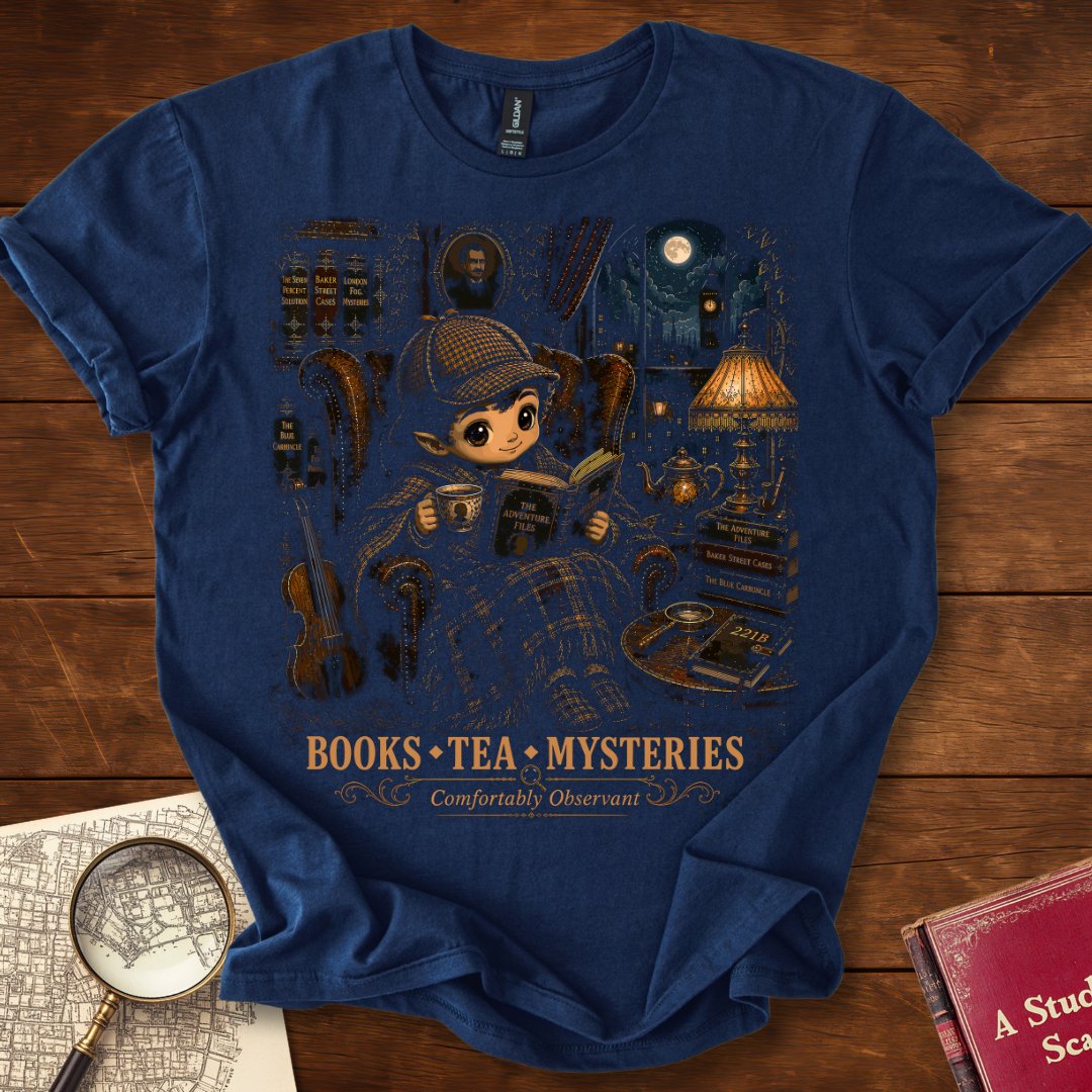 Books • Tea • Mysteries – Comfy Reader Sherlock Holmes T-Shirt Navy
