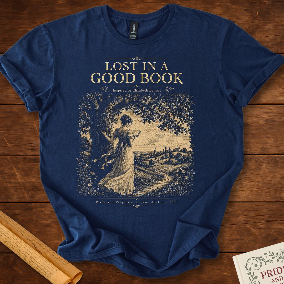 Lost In A Good Book – Elizabeth Bennet Literary T-Shirt Navy
