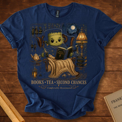 Books • Tea • 2nd Chances – Comfortably Reanimated Frankenstein T-Shirt Navy