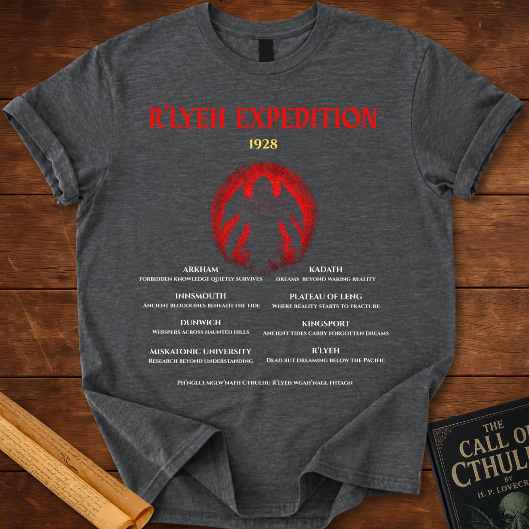 R’lyeh Expedition 1928 – Lovecraft Horror T-Shirt Dark Heather Grey
