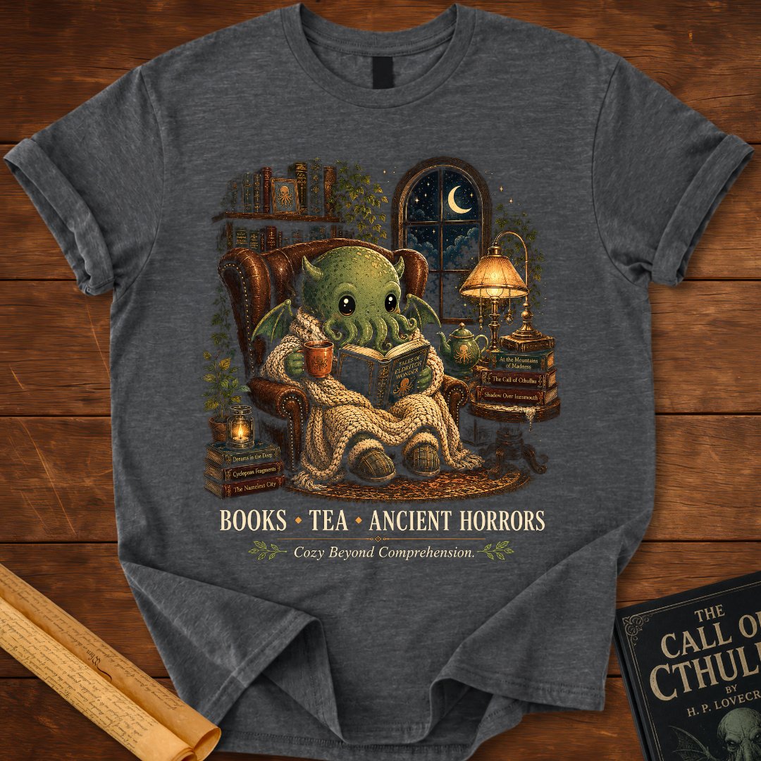 Cozy Beyond Comprehension – Cthulhu Reading T-Shirt