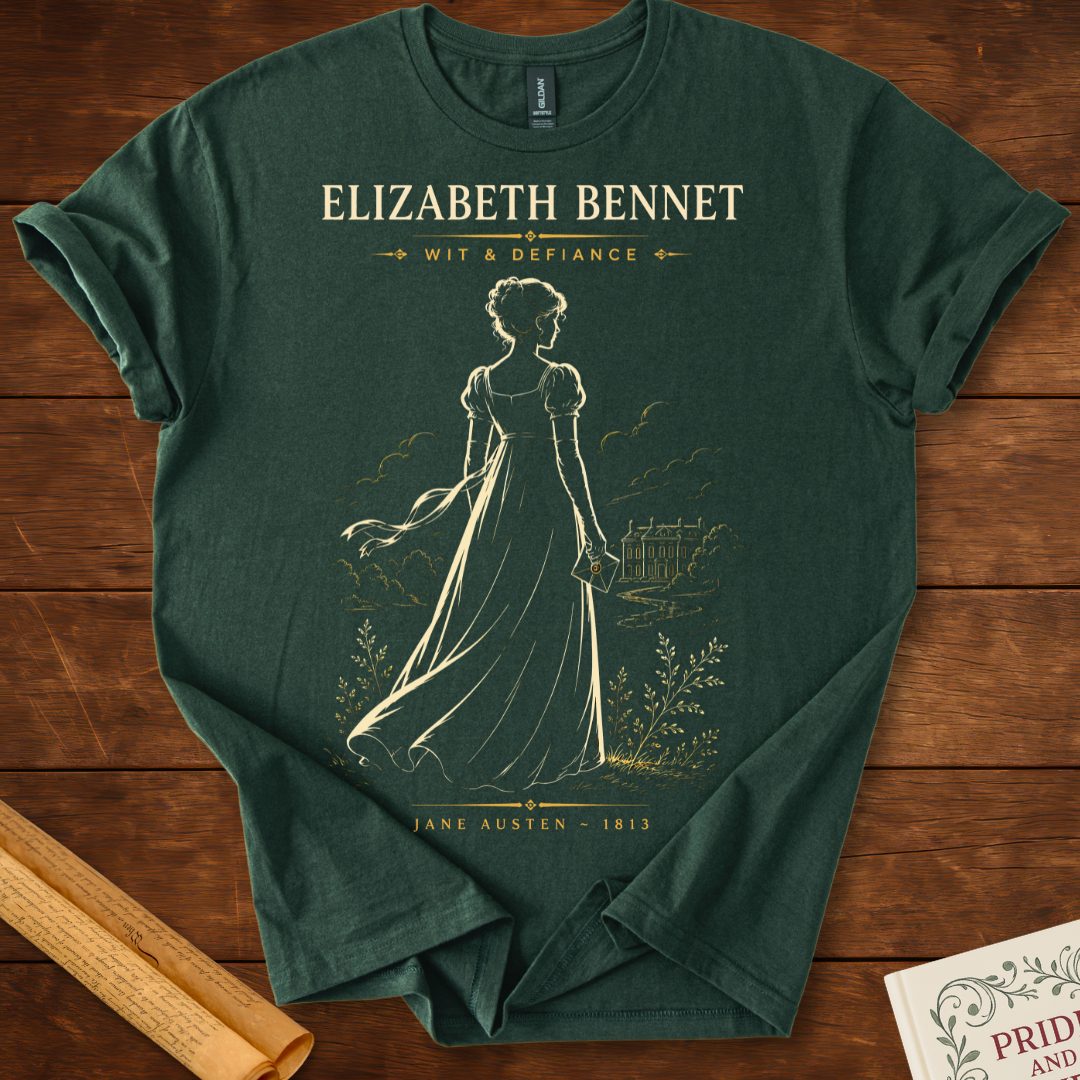 Elizabeth Bennet – Wit & Defiance (Silhouette Series) Literary T-Shirt Forest Green
