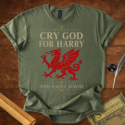 Cry God for Harry and Saint David – Henry V Welsh Dragon Shakespeare T-Shirt