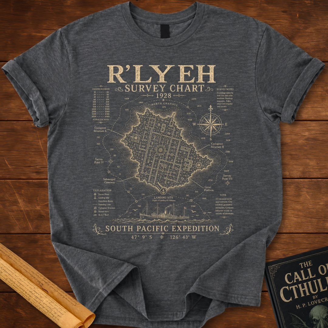 R'lyeh Survey Chart 1928 – HP Lovecraft T-Shirt Dark Heather Grey