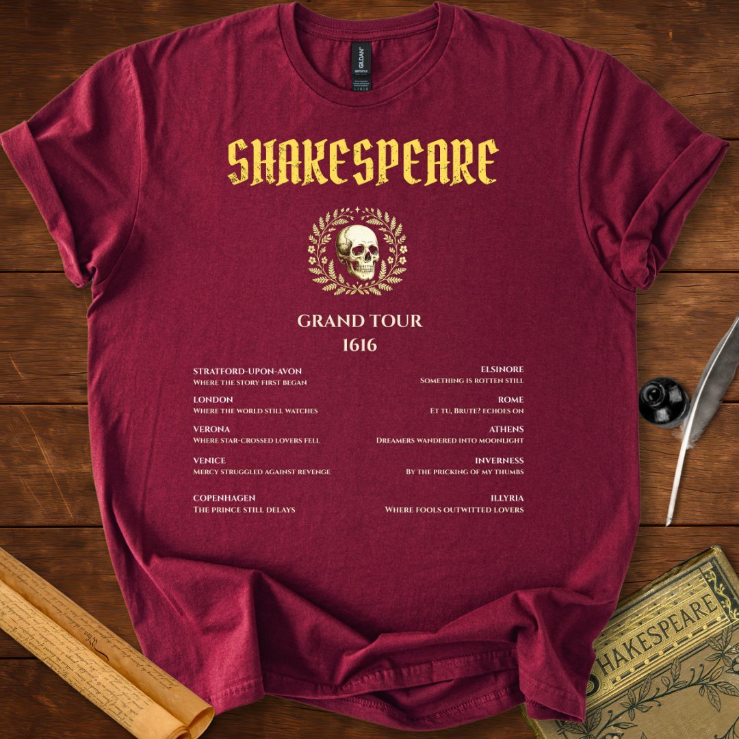 Shakespeare Grand Tour 1616 – Literary Gothic T-Shirt Maroon