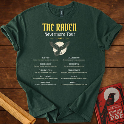 The Raven Nevermore Tour 1845 – Edgar Allan Poe Literary T-Shirt Forest Green