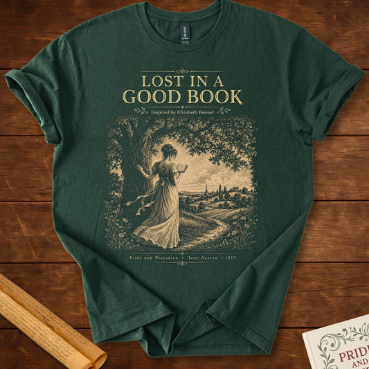 Lost In A Good Book – Elizabeth Bennet Literary T-Shirt Forest Green