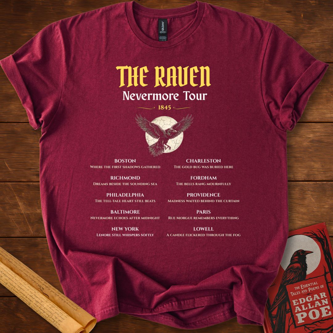 The Raven Nevermore Tour 1845 – Edgar Allan Poe Literary T-Shirt Maroon