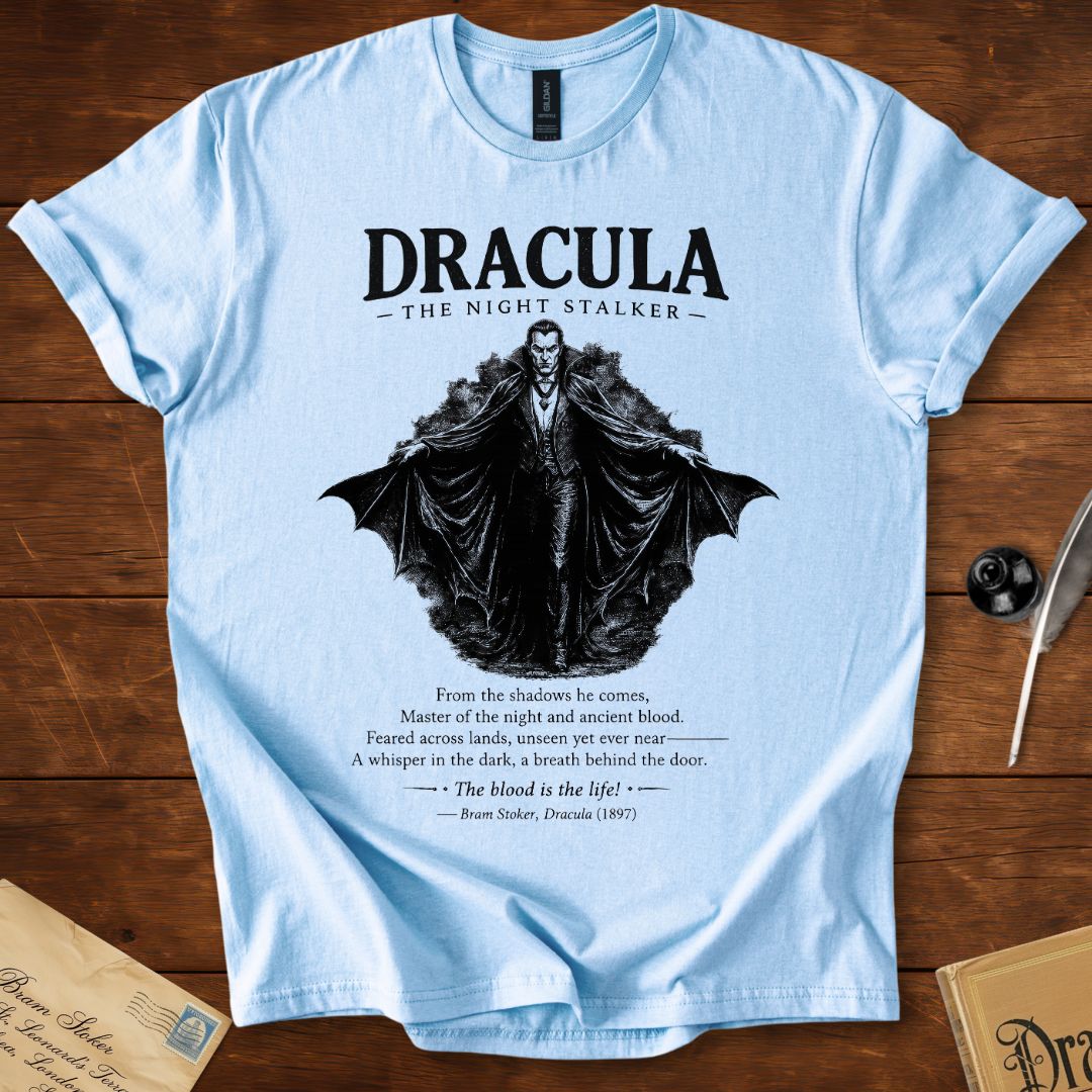 The Night Stalker – Gothic Literary Quote T-Shirt Light Blue