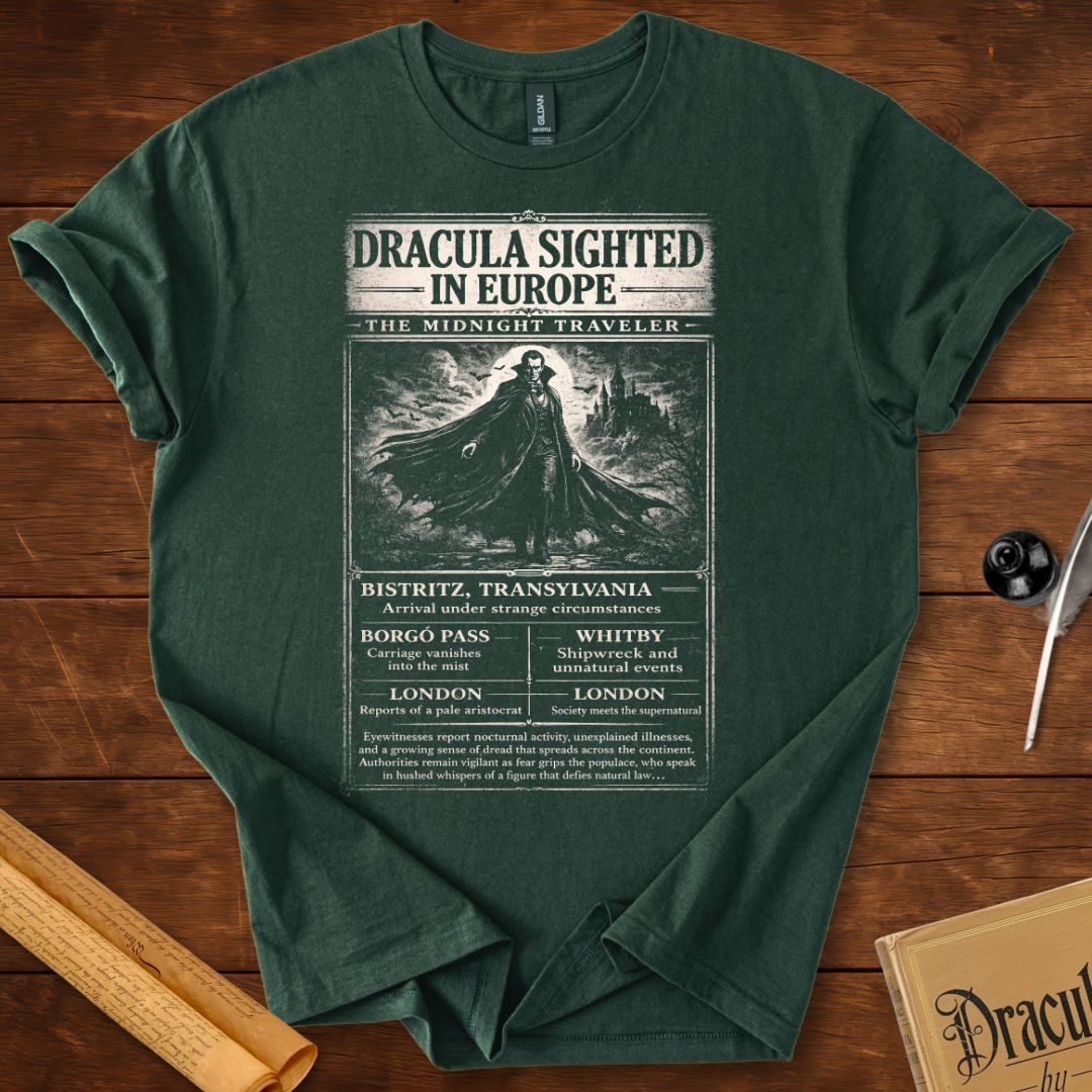 Dracula Sighted in Europe – Vintage Gothic Newspaper T-Shirt