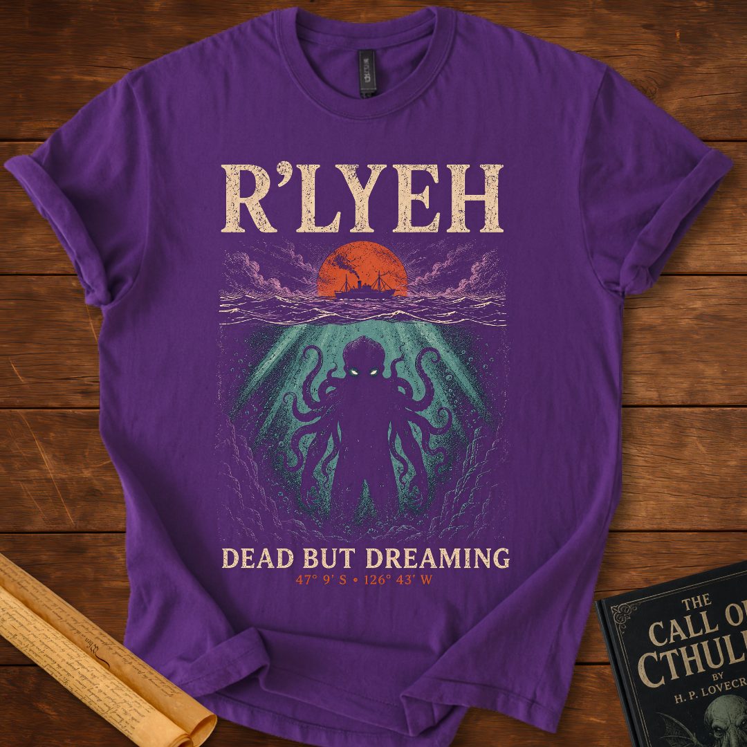 R’LYEH – Dead But Dreaming Literary Horror HP Lovecraft T-Shirt Purple