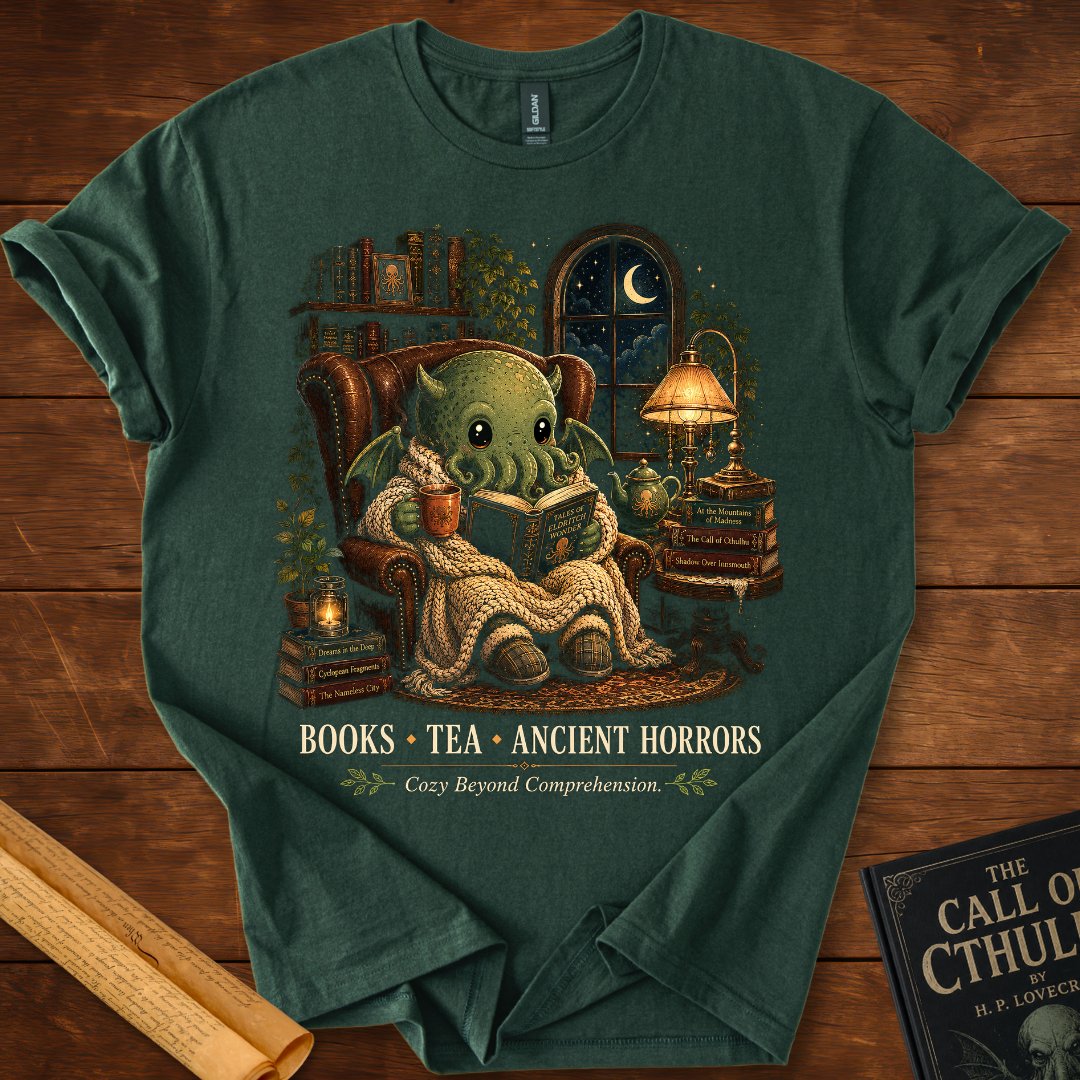Cozy Beyond Comprehension – Cthulhu Reading T-Shirt