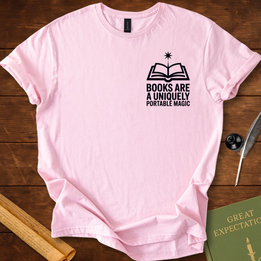 Books are a Uniquely Portable Magic Insignia T-Shirt Light Pink