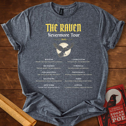 The Raven Nevermore Tour 1845 – Edgar Allan Poe Literary T-Shirt Dark Heather Grey