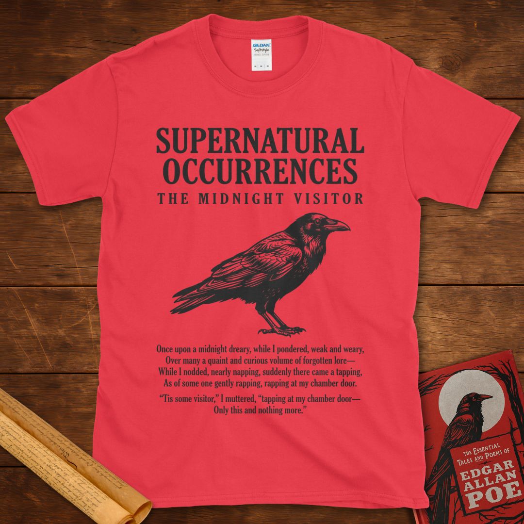 The Raven - The Midnight Visitor - Edgar Allan Poe T-Shirt Heather Red