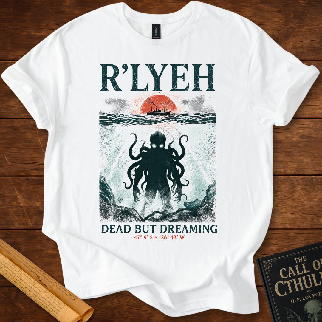 R’LYEH – Dead But Dreaming Literary Horror HP Lovecraft T-Shirt White