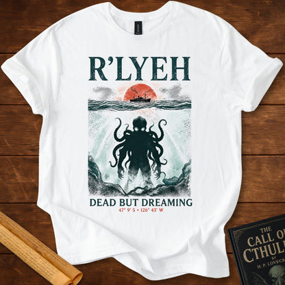 R’LYEH – Dead But Dreaming Literary Horror HP Lovecraft T-Shirt White