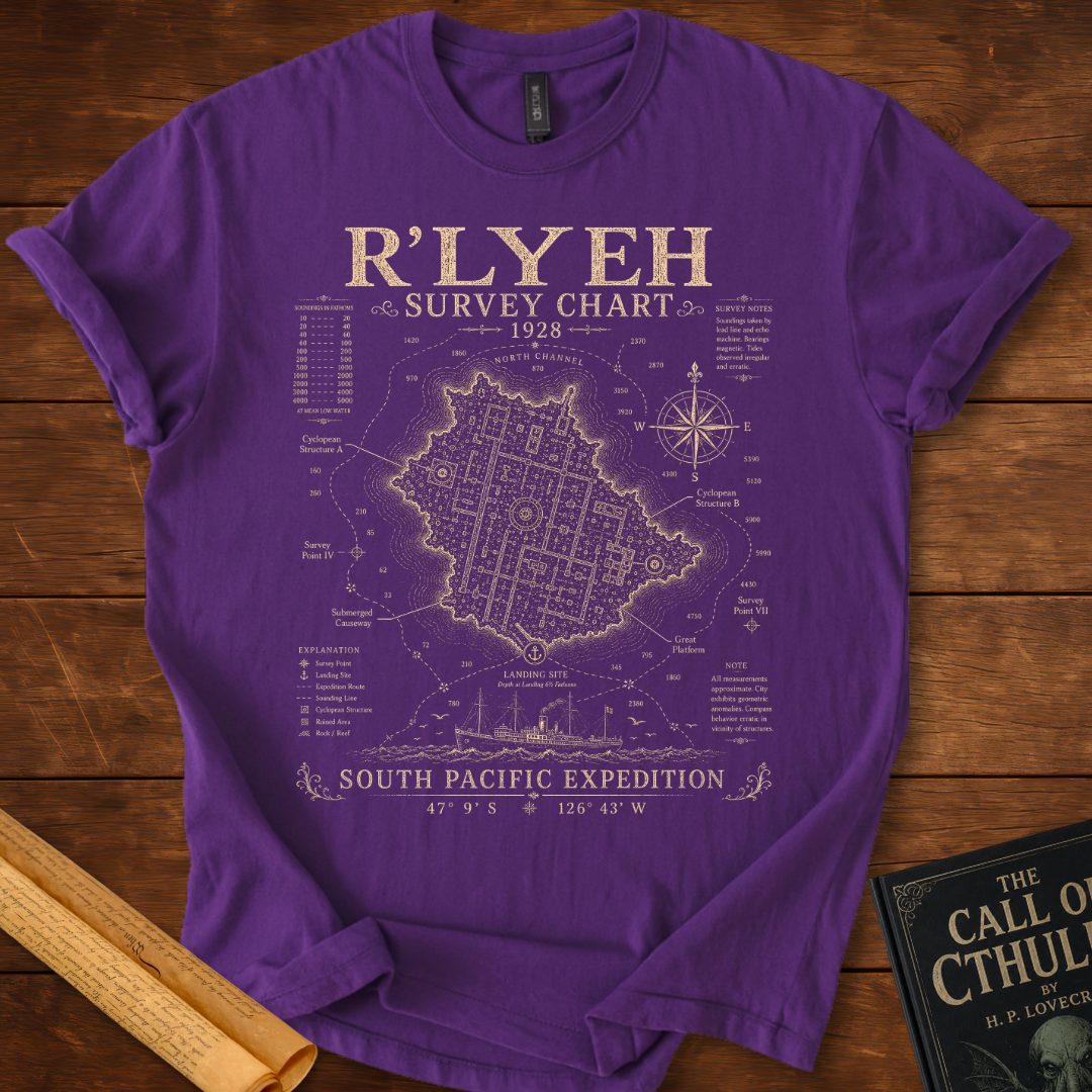 R'lyeh Survey Chart 1928 – HP Lovecraft T-Shirt Purple