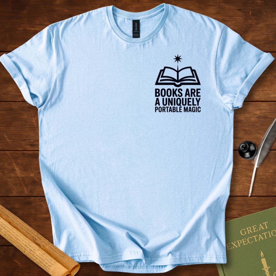 Books are a Uniquely Portable Magic Insignia T-Shirt Light Blue