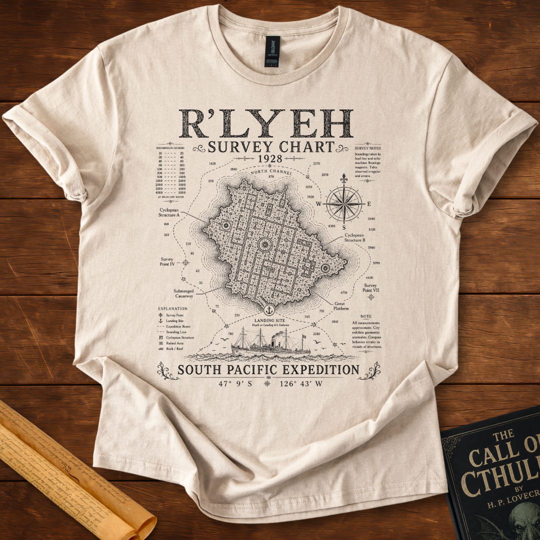 R'lyeh Survey Chart 1928 – HP Lovecraft T-Shirt Sand